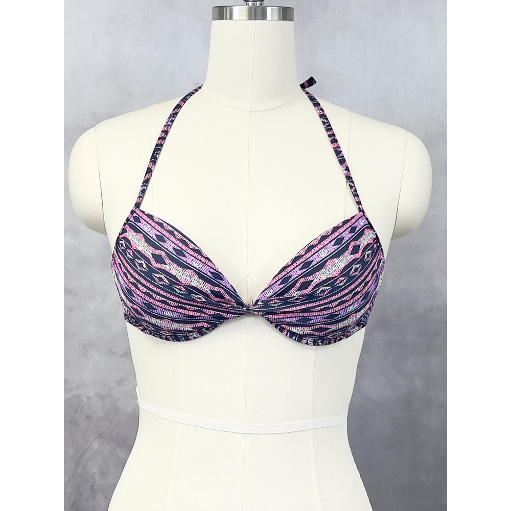 Hot Water Bikini Top Women Large Pink Blue Geometric Push Up Underwire Indie